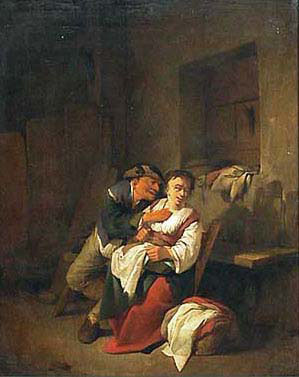 Seedy Old man and Young Woman in a Rustic Interior